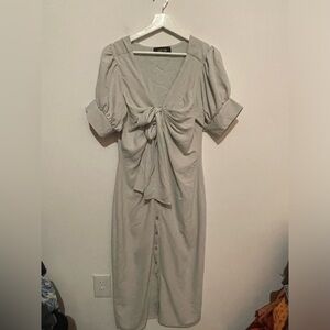 Midi Dress With Button Front & Puff Sleeves Stone Cold Beige/ light sage color L